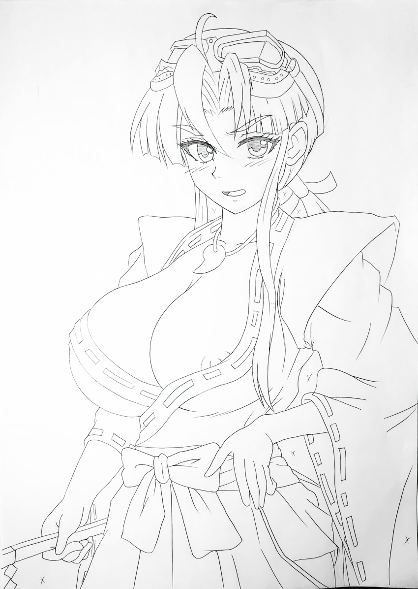 1girl breasts cleavage goggles goggles_on_head hand_on_own_hip highres japanese_clothes large_breasts long_hair looking_at_viewer low_ponytail miko monochrome nipple_slip nipples open_mouth sengoku_ace sengoku_blade sketch smile solo togashi_koyori traditional_media