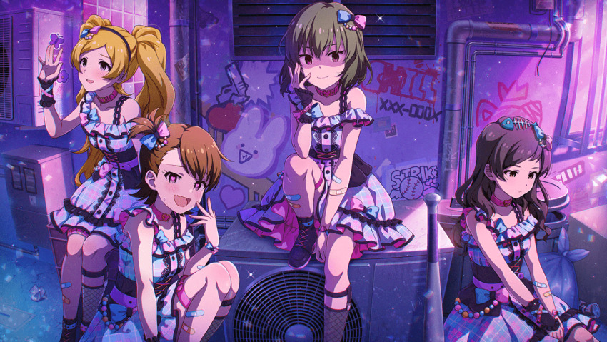 4girls bandaid baseball_bat blonde_hair bow brown_eyes brown_hair emily_stewart fish_bone futami_ami game_cg graffiti green_hair hair_ornament hairband heart heart-shaped_pupils idolmaster idolmaster_million_live! idolmaster_million_live!_theater_days industrial_pipe kitazawa_shiho multiple_girls nagayoshi_subaru official_art open_mouth purple_eyes sitting symbol-shaped_pupils twintails