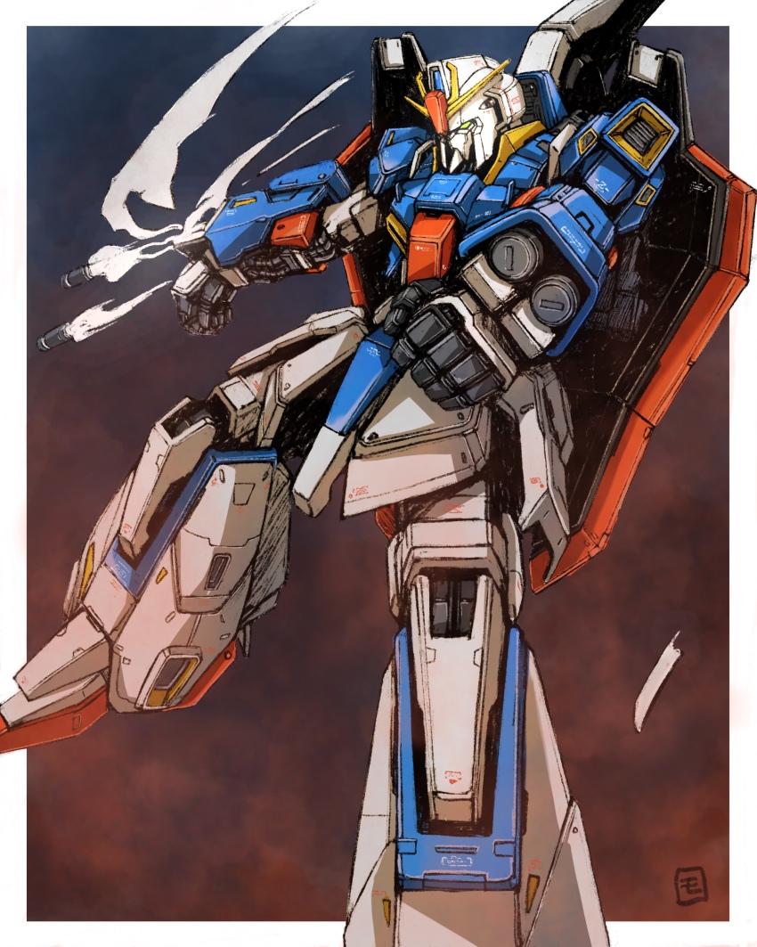 absurdres clenched_hands firing green_eyes gundam highres looking_at_viewer mecha mecha_focus missile mobile_suit moyan no_humans procreate_(medium) robot solo v-fin zeta_gundam zeta_gundam_(mobile_suit)