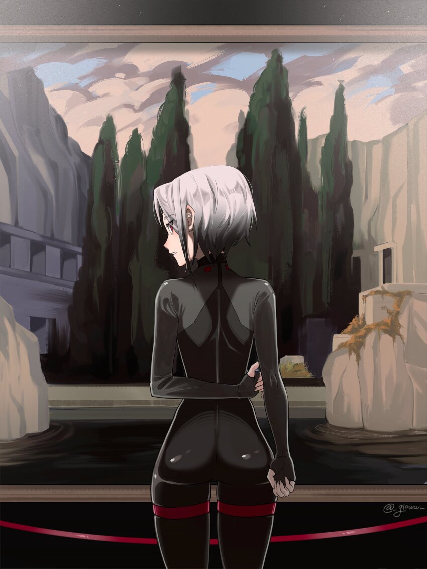 1girl absurdres ariane_yeong ass back bodysuit glowy_(gloww) highres isle_of_the_dead_(painting) looking_at_viewer painting_(object) red_eyes science_fiction short_hair signalis solo white_hair