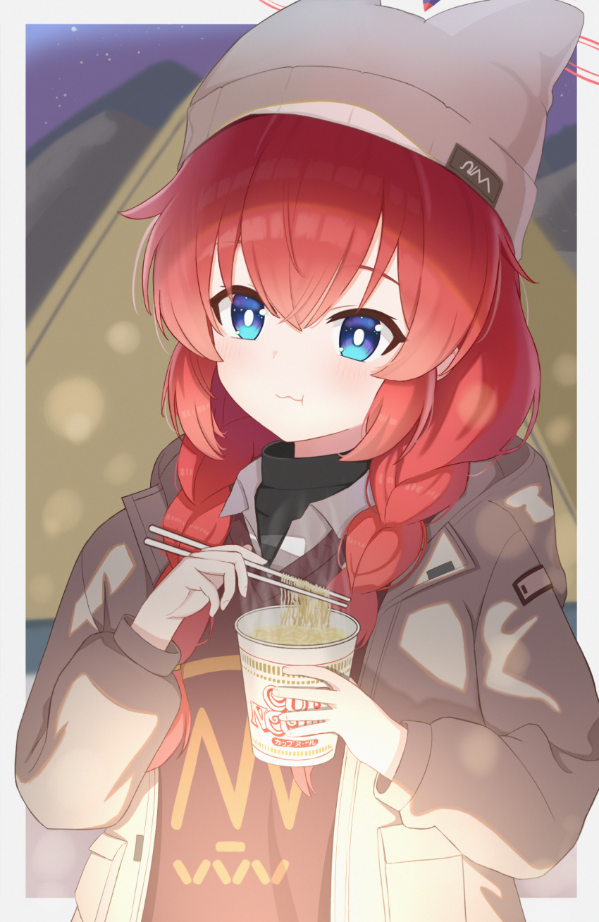 1girl :3 :t agatsu(shurenchu) animal_ear_headwear blue_archive blue_eyes border braid brown_vest chopsticks closed_mouth commentary cup cup_ramen eating fake_animal_ears grey_jacket hair_between_eyes hat highres holding holding_chopsticks holding_cup jacket long_hair long_sleeves maki_(blue_archive) maki_(camp)_(blue_archive) official_alternate_costume open_clothes open_jacket red_hair sidelocks solo twin_braids upper_body vest white_border white_hat