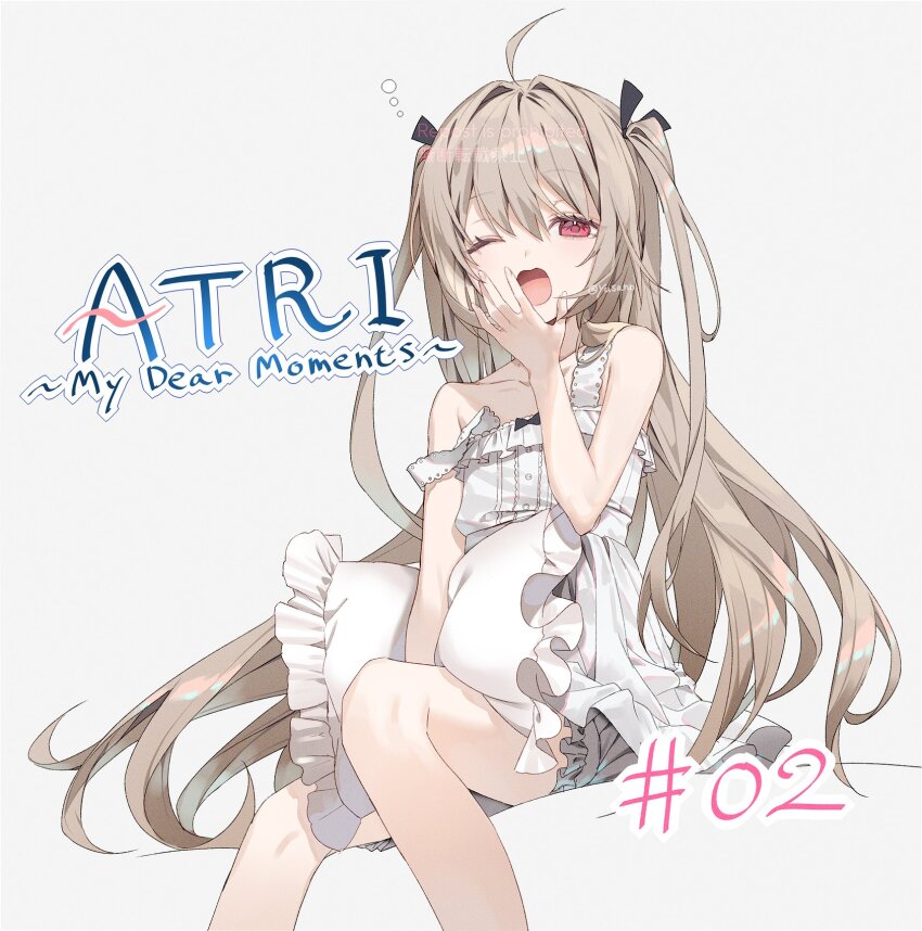 1girl atri atri-my_dear_moments- highres long_hair open_mouth pillow red_eyes sitting solo very_long_hair yawning yusano