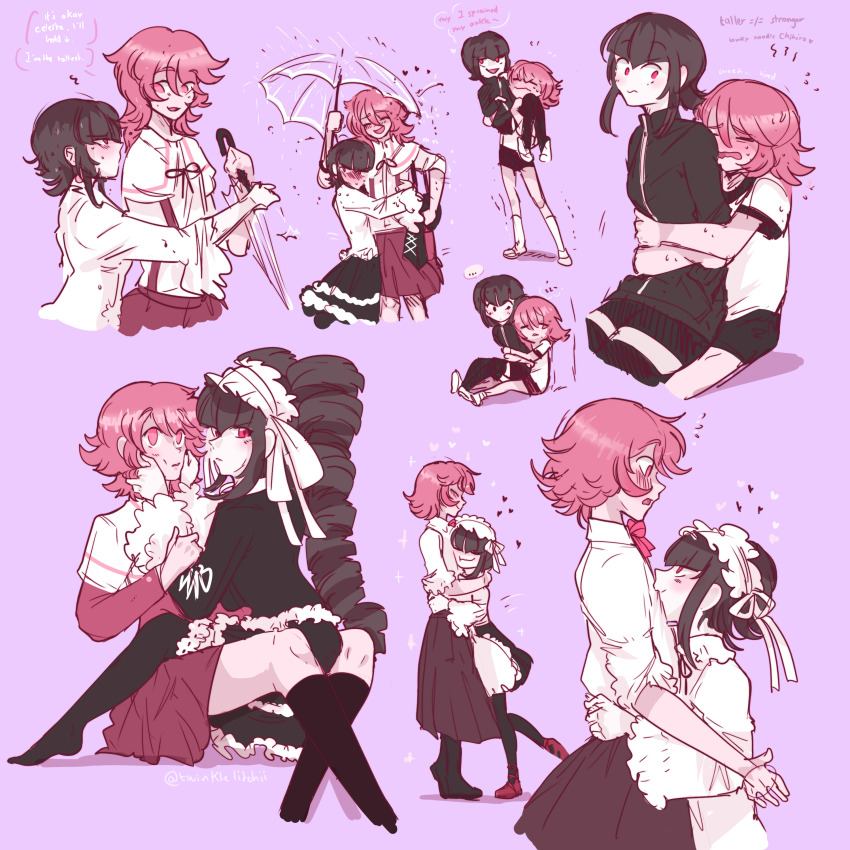 1boy 1girl absurdres alternate_height carrying celestia_ludenberg danganronpa:_trigger_happy_havoc danganronpa_(series) drill_hair english_text fujisaki_chihiro heart hetero highres holding holding_umbrella hug official_alternate_hairstyle on_lap pleated_skirt princess_carry short_hair shorts skirt smile twin_drills twinklelitchii twintails umbrella whtie_shirt