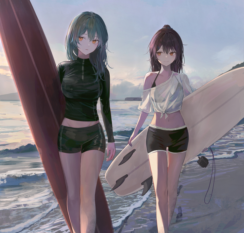 2girls absurdres beach bikini black_bikini black_hair black_shirt black_shorts blush breasts brown_eyes brown_hair closed_mouth commentary cowboy_shot dolphin_shorts expressionless facing_viewer footprints green_hair highres jenmin12 light_smile long_hair looking_ahead looking_at_another medium_breasts messy_hair midriff multiple_girls navel orange_eyes original ponytail sand see-through_clothes see-through_shirt shirt short_shorts shorts small_breasts summer sunset surfboard swimsuit tied_shirt walking water waves wet white_shirt