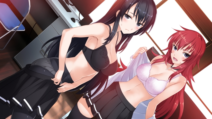 10s 2girls andou_teruha black_bra black_eyes black_hair black_legwear blue_eyes blush bra breasts chair choker cleavage clothes_pull cross dutch_angle folding_chair highres indoors kuroda_sayuki large_breasts looking_at_viewer matsuryuu multiple_girls navel no_eyewear open_clothes open_skirt panties panties_under_pantyhose pantyhose pink_bra pleated_skirt red_hair school_uniform shoujo-tachi_wa_kouya_wo_mezasu skirt skirt_pull sweatdrop thighhighs underwear undressing