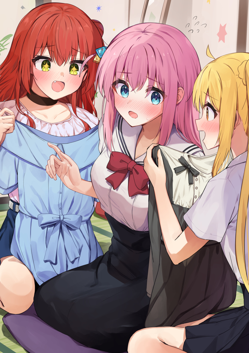 3girls absurdres ahoge black_choker black_skirt blonde_hair blue_eyes blush bocchi_the_rock! bow bowtie brown_eyes choker commentary_request fang flying_sweatdrops gotoh_hitori green_eyes highres holding holding_unworn_clothes ijichi_nijika indoors kita_ikuyo long_hair looking_at_another multiple_girls one_side_up open_mouth pink_hair racchi. red_bow red_bowtie red_hair school_uniform seiza serafuku shirt_tucked_in short_sleeves sitting skirt star-shaped_pupils star_(symbol) symbol-shaped_pupils white_serafuku