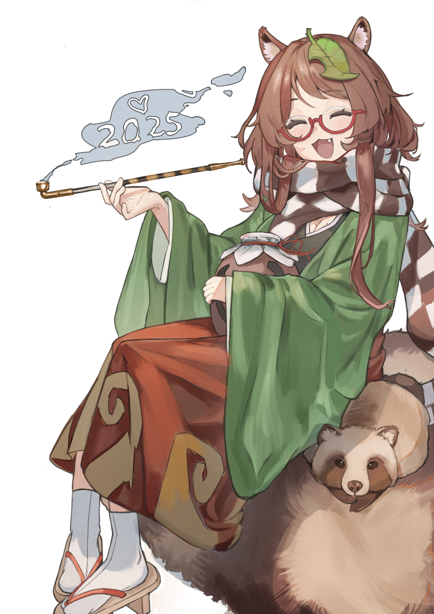 1girl 2025 absurdres animal_ears brown_skirt checkered_clothes checkered_scarf facing_viewer fang futatsuiwa_mamizou geta glasses green_kimono highres holding holding_smoking_pipe japanese_clothes kimono kiseru leaf leaf_on_head long_hair long_sleeves open_mouth qiao_yucheng raccoon raccoon_ears raccoon_girl raccoon_tail scarf semi-rimless_eyewear simple_background skirt smile smoke smoking smoking_pipe solo tabi tail touhou white_background