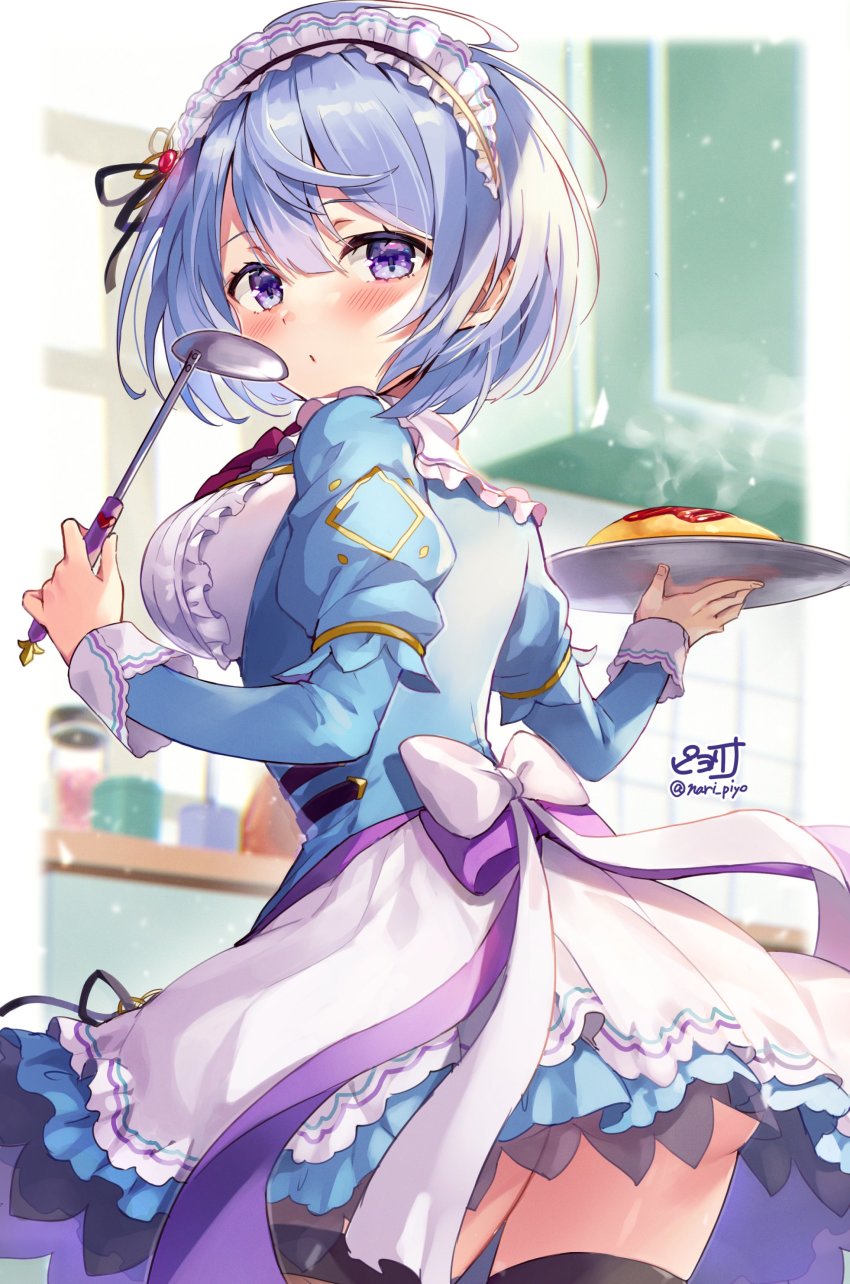 1girl absurdres artist_name ass blue_hair blush breasts commentary_request flower_knight_girl food from_behind highres indoors ipheion_(flower_knight_girl) kitchen ladle large_breasts long_sleeves looking_at_viewer looking_back maid maid_headdress omelet omurice piyoyanagi purple_eyes short_hair solo thighhighs twitter_username