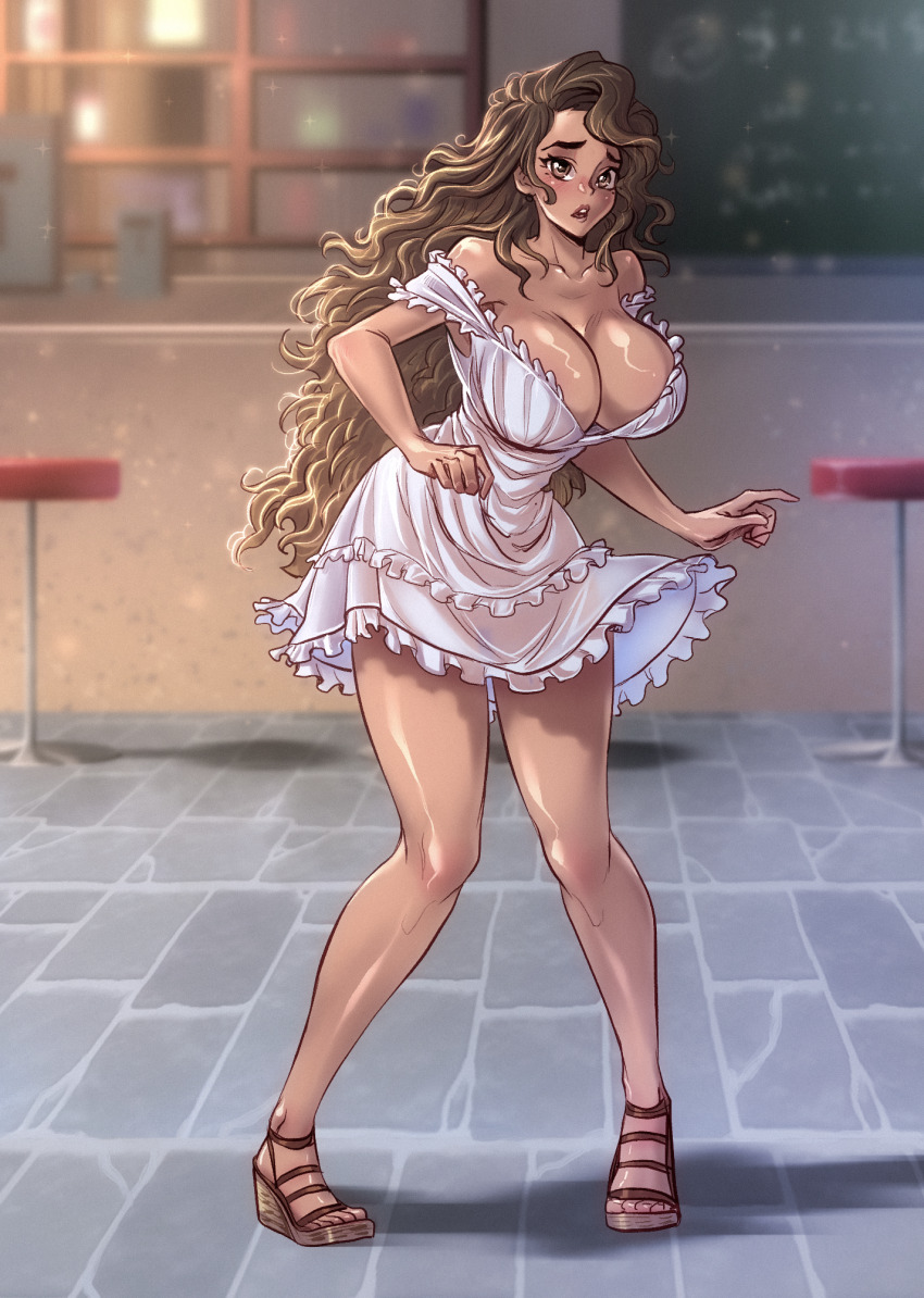 1girl blurry blurry_background blush breasts brown_eyes brown_hair cleavage collarbone commentary commission dark-skinned_female dark_skin dress english_commentary frown full_body high_heels highres large_breasts long_hair looking_at_viewer opcrom open_mouth original raised_inner_eyebrows shadow smile solo strap_slip very_long_hair white_dress