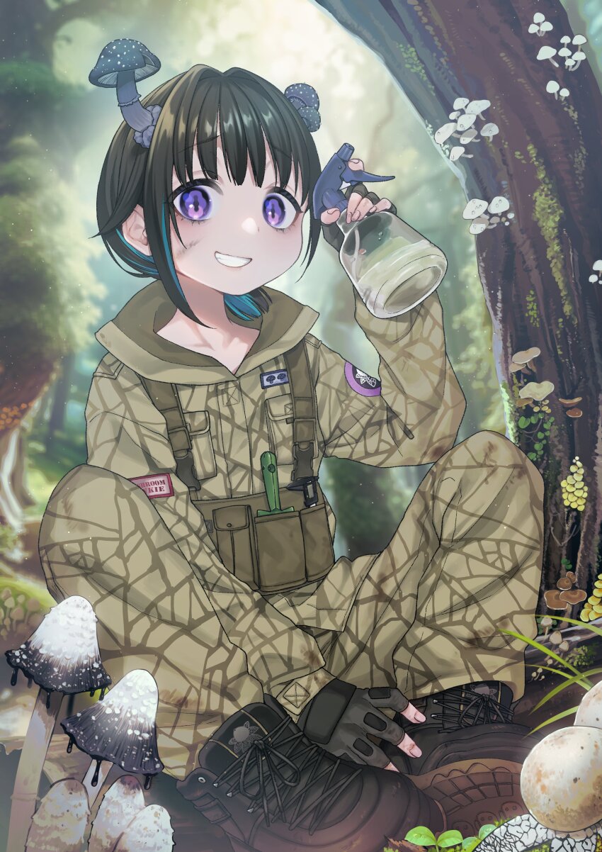 1girl absurdres black_hair boots bottle dancho_(dancyo) forest highres indie_virtual_youtuber kinokoma_tango looking_at_viewer mushroom mushroom_on_head nature purple_eyes short_hair sitting smile solo spray_bottle tree