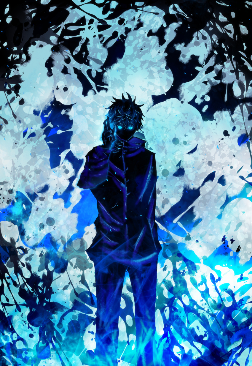 1boy blue_eyes blue_theme crossed_fingers feet_out_of_frame gojou_satoru hair_between_eyes hand_up harada_miyuki high_collar highres jacket jujutsu_kaisen long_sleeves looking_at_viewer male_focus pants short_hair silhouette solo standing