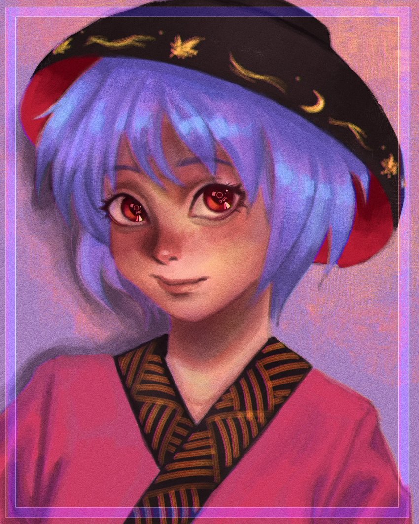 1girl blush bowl bowl_hat hat highres japanese_clothes kimono looking_at_viewer needle nose portrait purple_hair red_eyes robe short_hair smile solo sukuna_shinmyoumaru touhou xiowon