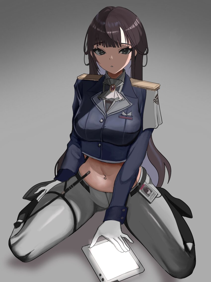 1girl :o ascot blue_jacket breasts brown_eyes brown_hair cropped_jacket cropped_shirt epaulettes gloves goddess_of_victory:_nikke highres id_card jacket large_breasts long_hair marciana_(nikke) military_jacket navel navel_piercing pants piercing riding_crop rokuba shoulder_pads sitting solo spread_legs tablet_pc tight_clothes tight_pants wariza white_ascot white_gloves white_pants