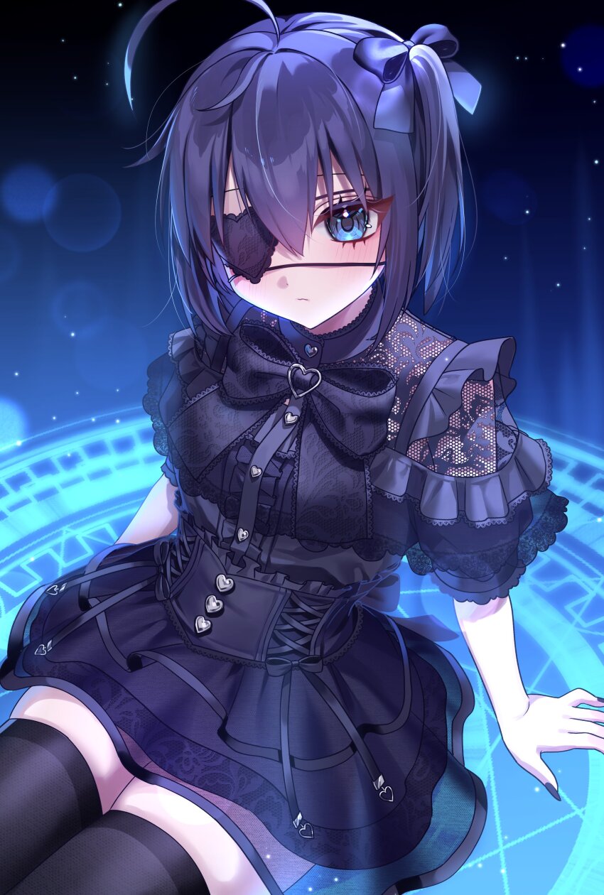 1girl absurdres black_dress black_nails black_thighhighs blue_background blue_eyes chuunibyou_demo_koi_ga_shitai! dress expressionless eyepatch heart heart_eyepatch highres m_psycho_83 purple_hair sigil sitting solo takanashi_rikka thighhighs thighs zettai_ryouiki