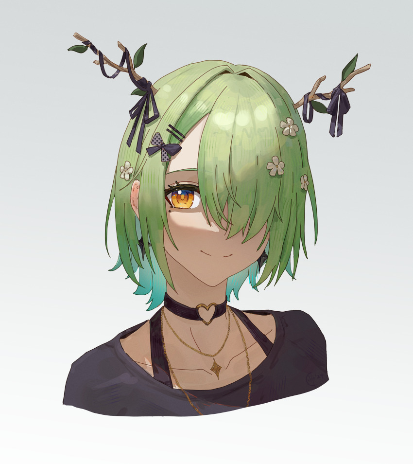 1girl absurdres antlers asymmetrical_bangs black_choker black_skirt ceres_fauna ceres_fauna_(goth) choker closed_mouth commentary cropped_torso earrings english_commentary flower green_hair hair_flower hair_ornament hair_over_one_eye hairclip heart heart_choker heart_o-ring highres hololive hololive_english horns jewelry long_bangs looking_at_viewer mocomiliano mole mole_under_eye necklace o-ring o-ring_choker official_alternate_costume official_alternate_hair_length official_alternate_hairstyle short_hair skirt smile solo virtual_youtuber yellow_eyes