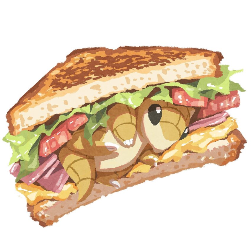 bread cheese claws commentary_request creatures_(company) food food_focus game_freak gen_1_pokemon highres lettuce lying miclot nintendo no_humans on_side pokemon pokemon_(creature) sandshrew sandwich simple_background white_background