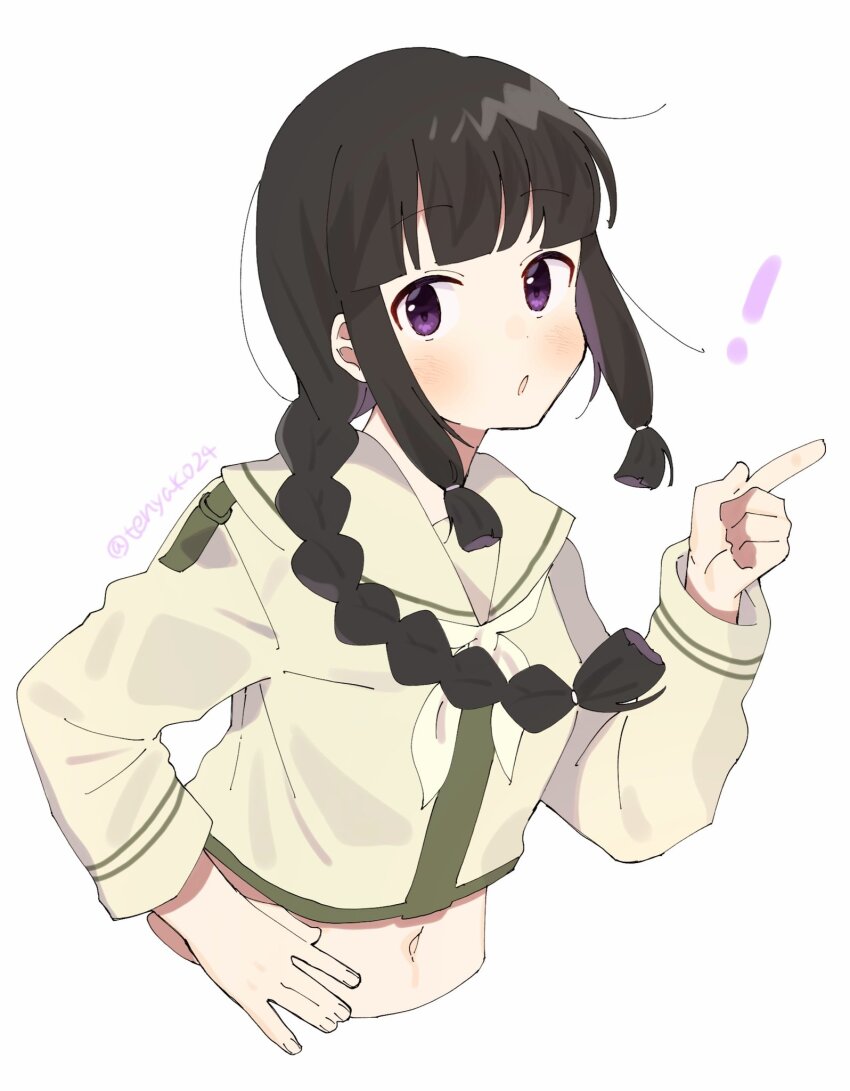 ! 1girl black_hair blunt_bangs braid cropped_torso hair_ribbon hand_on_own_hip highres index_finger_raised kantai_collection kitakami_(kancolle) kitakami_kai_ni_(kancolle) long_hair midriff navel neckerchief purple_eyes ribbon sailor_collar school_uniform serafuku shirt sidelocks single_braid solo tenyako_(mirasato24) tress_ribbon white_background white_neckerchief white_sailor_collar white_shirt