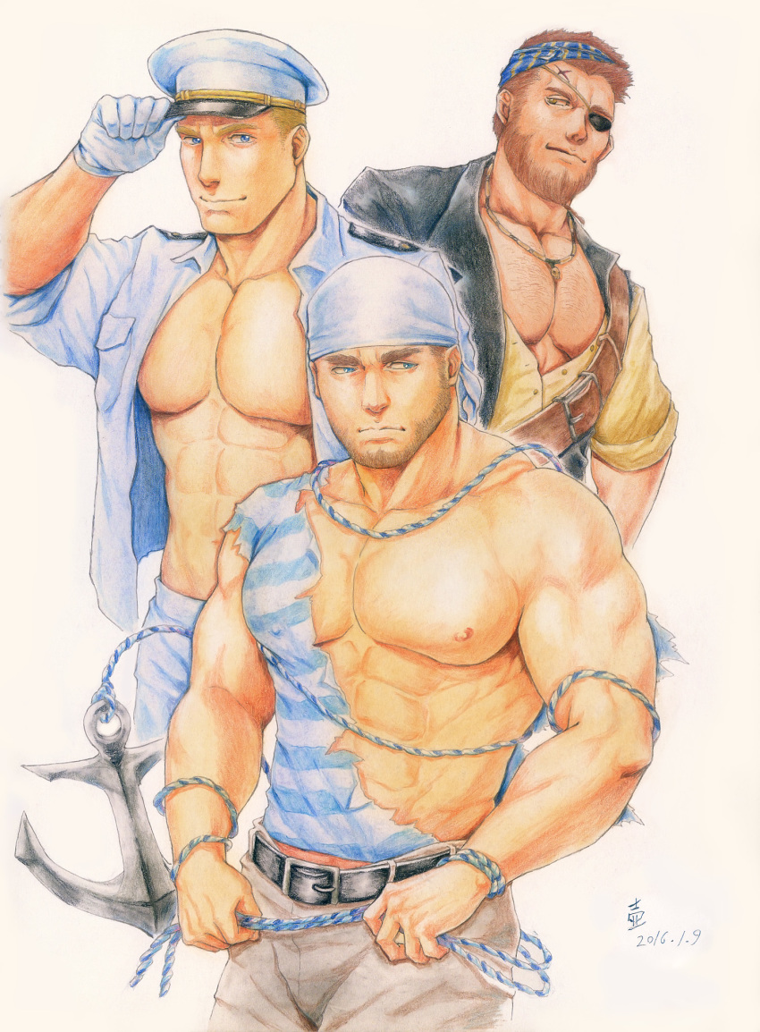 3boys abs adjusting_clothes adjusting_headwear anchor bad_id bad_pixiv_id bara bare_pectorals beard belt black_belt blue_eyes brown_hair chain chest_hair cropped_legs dark-skinned_male dark_skin eyepatch facial_hair frown graphite_(medium) grey_shirt hat highres jewelry large_pectorals looking_at_viewer male_focus mature_male multiple_boys muscular muscular_male navel necklace nipples open_clothes open_shirt original pectoral_cleavage pectorals pirate sailor sailor_collar sailor_hat sailor_shirt saolin_(wudangx) shirt short_hair stomach striped_clothes striped_shirt thick_eyebrows torn_clothes torn_shirt traditional_media