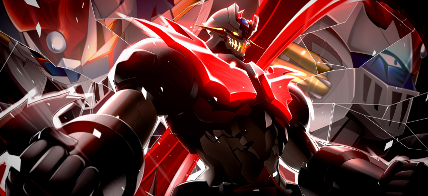 absurdres arm_blade clenched_hands ginga_no_kou glowing glowing_eyes glowing_mouth highres mazin_emperor_g mazinger_(series) mazinger_zero_(mecha) mazinkaiser mazinkaiser_(robot) mecha no_humans robot shards shattered shin_mazinger_zero super_robot weapon