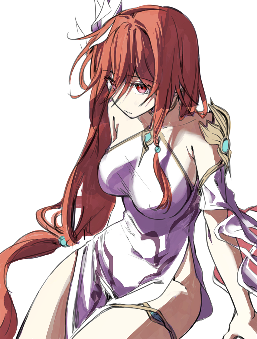 1girl absurdres breasts commentary_request dress dud7827 from_above fu_hua hair_between_eyes halter_dress halterneck highres honkai_(series) honkai_impact_3rd jingwei_(honkai_impact) korean_commentary large_breasts long_hair looking_at_viewer low-tied_long_hair parted_lips red_eyes red_hair side_slit sitting solo very_long_hair white_dress