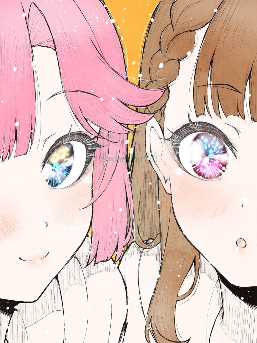 2girls :o anyoji_hime blue_eyes blunt_bangs blush braid brown_hair center-flap_bangs closed_mouth commentary highres hood hooded_jacket jacket kachimachi_kosuzu katsuragi_(webmaster909) light_particles link!_like!_love_live! long_hair looking_at_viewer love_live! multiple_girls open_mouth orange_background pink_eyes pink_hair portrait side_braids sidelocks simple_background split_mouth straight_hair swept_bangs twitter_username virtual_youtuber