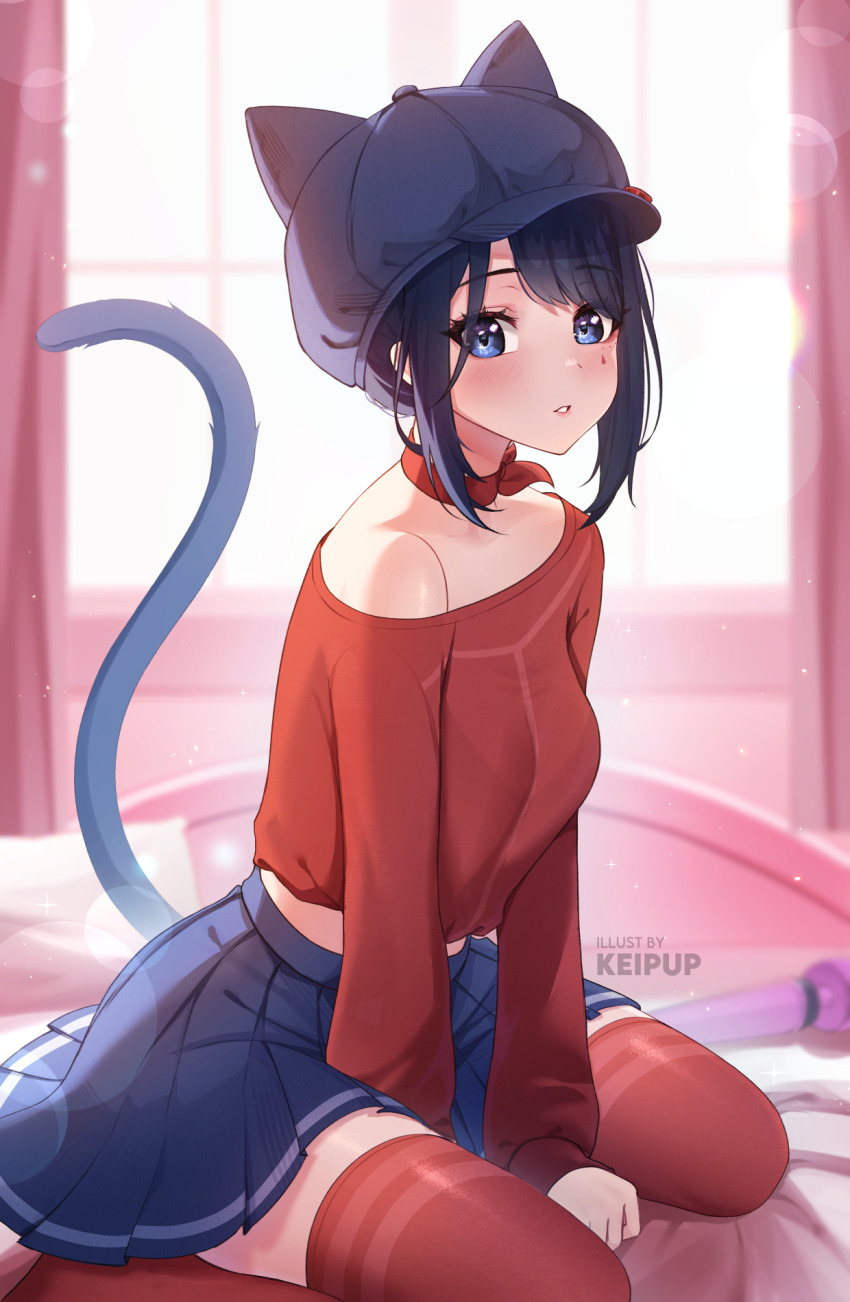 1girl animal_ear_headwear blue_eyes blue_hair blue_hat blue_skirt blush breasts cat_tail choker commentary cool_mita_(miside) cropped_shirt fake_animal_ears fake_tail hat highres keipup long_sleeves looking_at_viewer medium_breasts miside mita_(miside) paid_reward_available red_choker red_shirt red_thighhighs shirt sitting skirt solo tail tattoo teardrop_facial_mark teardrop_tattoo thighhighs thighs