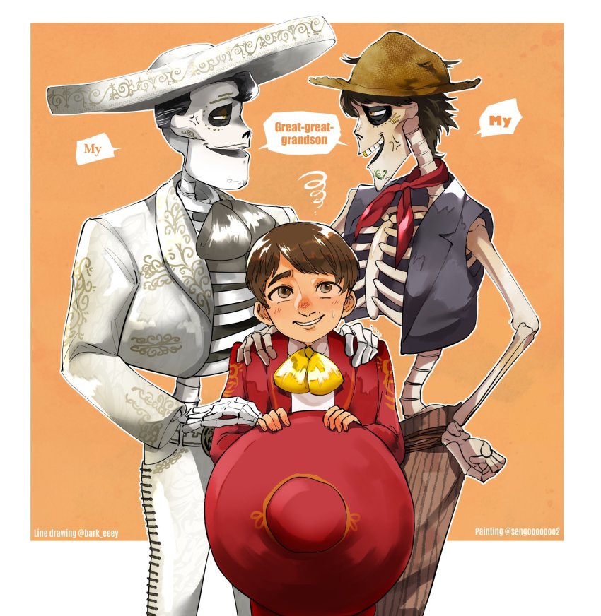 3boys anger_vein bandana black_hair bow charro coco_(disney) disney ernesto_de_la_cruz facial_hair goatee grandfather_and_grandson guitar hat hector_rivera highres instrument jacket male_focus mariachi miguel_rivera multiple_boys mustache short_hair skeleton skull smile sombrero straw_hat