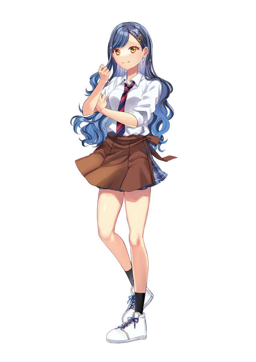 1girl apron black_socks blue_hair full_body hair_ornament hairclip highres long_hair looking_at_viewer necktie project_sekai school_uniform shiraishi_an shirt shoes simple_background skirt smile socks solo standing white_background white_footwear white_shirt yellow_eyes yosurami