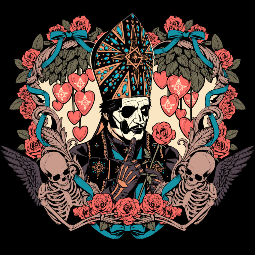 1boy black_background black_wings blue_ribbon facepaint flower ghost_(band) hat heart holding holding_flower index_finger_raised looking_at_viewer male_focus mitre papa_emeritus_ii priest red_flower red_rose ribbon rose skeleton solo wings yukkedondon