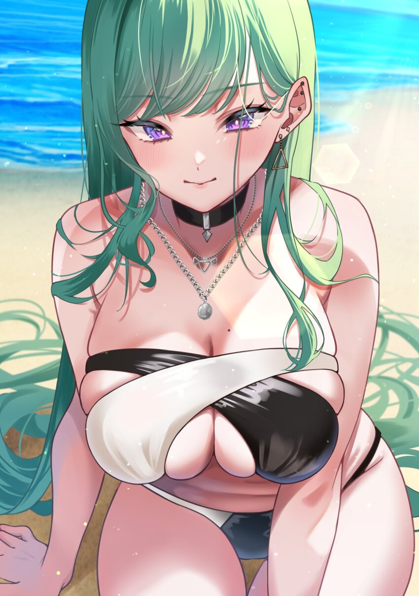 1girl arm_support beach bikini black_bikini black_choker breasts bright_pupils chain chain_necklace choker cross-laced_bikini cross-laced_clothes ear_piercing green_hair hair_behind_ear highres jewelry large_breasts long_hair looking_at_viewer mole mole_on_breast multicolored_bikini multicolored_clothes necklace ocean outdoors piercing purple_eyes roni_dayo sitting skindentation solo strapless strapless_bikini swept_bangs swimsuit two-tone_bikini very_long_hair virtual_youtuber vspo! water white_bikini white_pupils yakumo_beni yakumo_beni_(3rd_anniversary)