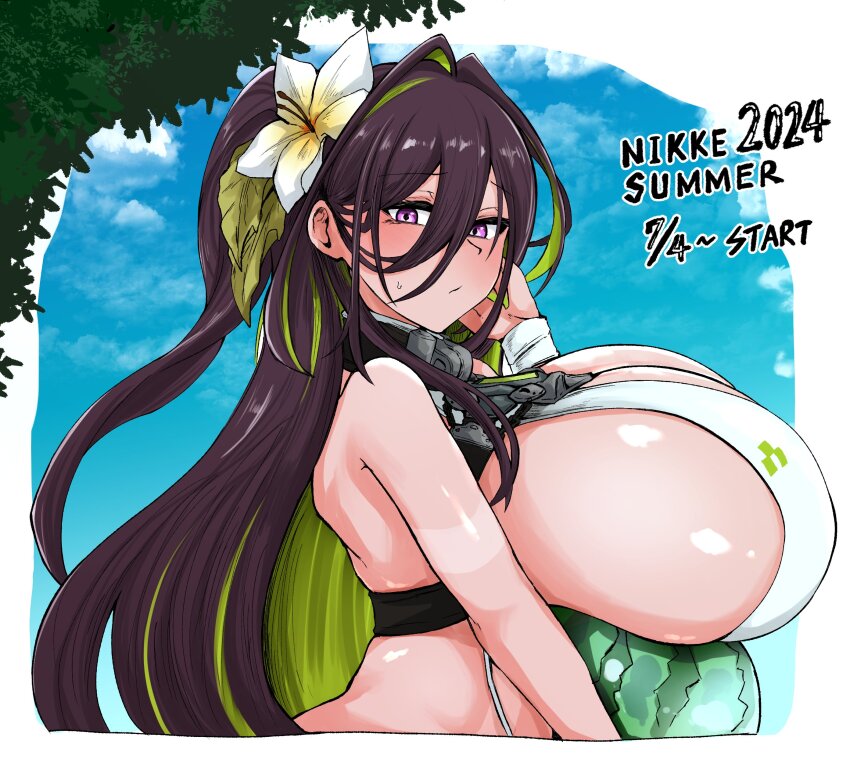 1girl absurdres bikini blush breasts brown_hair collar colored_inner_hair flower food fruit goddess_of_victory:_nikke green_bikini green_hair guilty_(nikke) guilty_(wave_of_disbelief)_(nikke) hair_between_eyes hair_flower hair_ornament highres holding huge_breasts long_hair multicolored_hair pink_eyes solo swimsuit tkool_man two-tone_bikini very_long_hair watermelon white_bikini