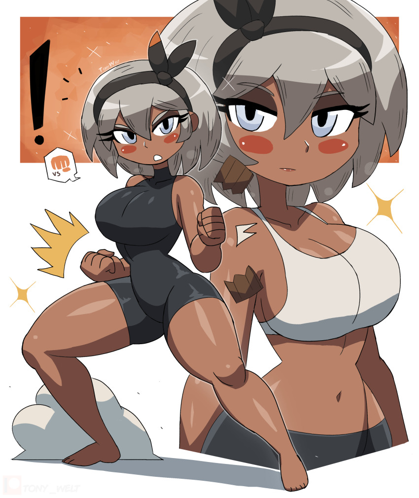 ! 1girl angry barefoot bea_(pokemon) black_bodysuit black_pants blush bodysuit breaking breasts cleavage collarbone creatures_(company) dark_skin fighting_stance game_freak grey_eyes grey_hair hairband large_breasts looking_at_viewer multiple_views nintendo pants parted_lips plank pokemon pokemon_swsh punching short_hair sparkle speech_bubble spoken_fist sports_bra standing teeth thick_thighs thighs tony_welt white_background white_sports_bra wide_hips