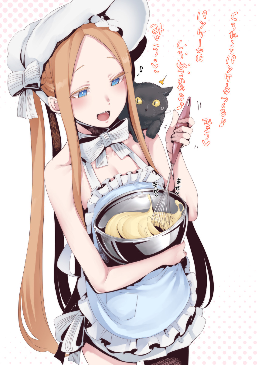 1girl abigail_williams_(fate) abigail_williams_(swimsuit_foreigner)_(fate) abigail_williams_(swimsuit_foreigner)_(third_ascension)_(fate) animal animal_on_shoulder apron bare_shoulders batter bikini black_cat blonde_hair blue_eyes blush bonnet bow bowl braid breasts cat cat_on_shoulder commentary_request cooking fate/grand_order fate_(series) forehead hair_bow hair_rings highres long_hair mixing_bowl nakamura_regura naked_apron open_mouth parted_bangs sidelocks simple_background small_breasts smile swimsuit translation_request twin_braids twintails very_long_hair whisk white_apron white_background white_bikini white_bow white_headwear