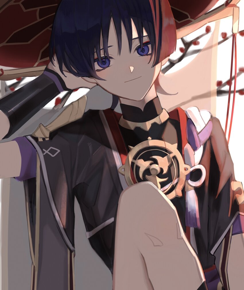 1boy absurdres arm_at_side armor black_bodysuit black_hair black_kimono black_sleeves blunt_ends bodysuit closed_mouth dagashi_aa eyeliner eyeshadow flower genshin_impact gold han&#039;eri hand_in_own_hair hand_up hat head_tilt highres japanese_armor japanese_clothes jewelry jingasa kimono knee_up kote kurokote layered_clothes layered_kimono layered_sleeves looking_at_viewer makeup male_focus mandarin_collar mitsudomoe_(shape) neck_ring open_clothes open_kimono plum_blossoms purple_eyes purple_sash purple_sleeves red_eyeliner red_eyeshadow red_hat red_kimono sash scaramouche_(genshin_impact) see-through_clothes see-through_veil short_sleeves smile solo tassel tomoe_(symbol) upper_body veil white_trim