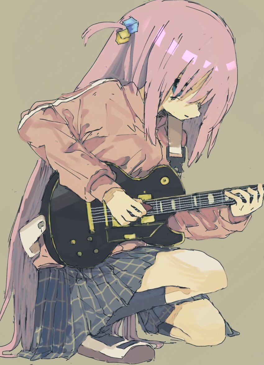 1girl black_socks blue_eyes bocchi_the_rock! checkered_clothes checkered_skirt cube_hair_ornament electric_guitar gibson_les_paul gotoh_hitori guitar hair_ornament hair_over_eyes highres instrument jacket long_hair long_sleeves meimeiner on_one_knee one_side_up pink_hair pink_jacket pleated_skirt plectrum shoes simple_background skirt socks solo track_jacket uwabaki