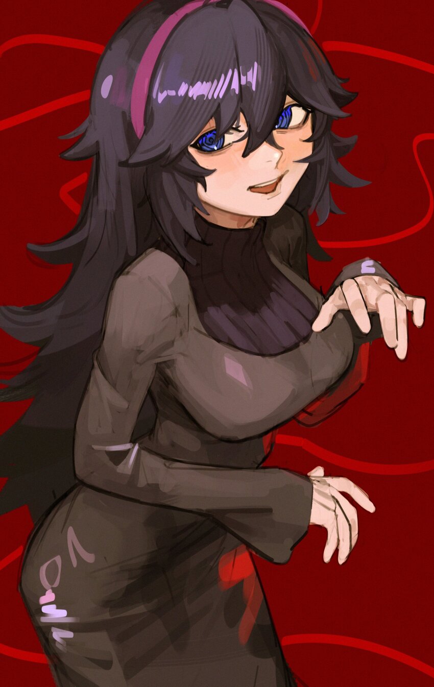 1girl @_@ absurdres black_dress blue_eyes breasts claw_pose cowboy_shot creatures_(company) dress game_freak hair_between_eyes hairband hands_up hex_maniac_(pokemon) highres long_hair looking_at_viewer messy_hair nintendo open_mouth pokemon pokemon_xy purple_eyes purple_hair purple_hairband red_background sleeves_past_wrists smile solo teeth turtleneck turtleneck_dress upper_teeth_only vergil_mon