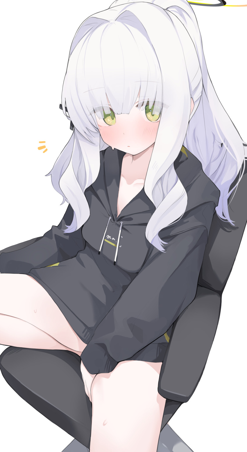 1girl absurdres black_sweater blue_archive blush breasts cross_hair_ornament green_eyes hair_ornament halo hare_(blue_archive) highres hood hooded_sweater long_hair long_sleeves looking_at_viewer medium_breasts mikozin ponytail sidelocks sitting solo sweater swivel_chair thighs white_hair