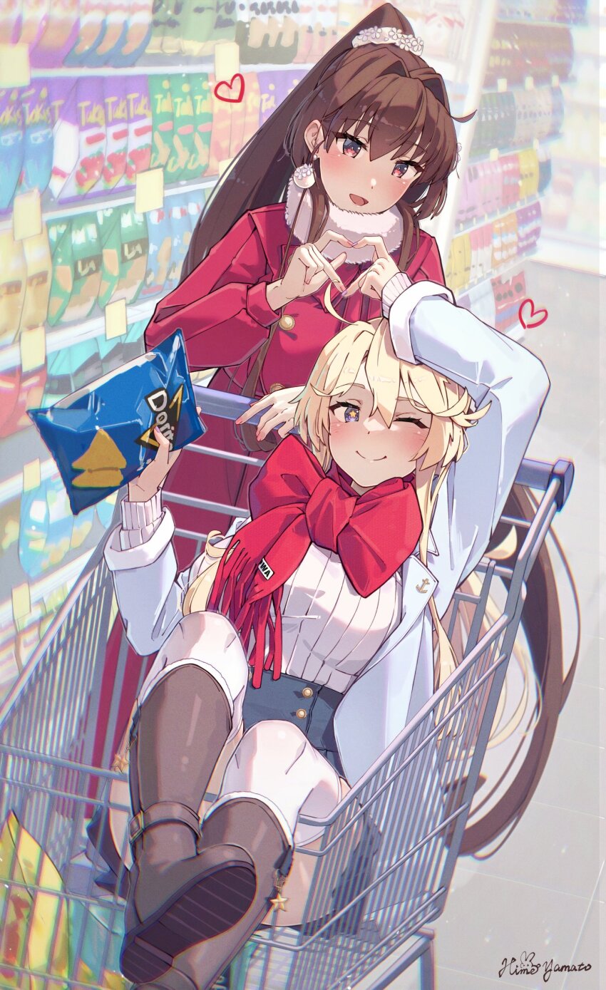 2girls absurdres alternate_costume blonde_hair blue_eyes blue_jacket boots breasts brown_footwear brown_hair coat convenience_store doritos hair_intakes heart heart_hands heart_hands_duo highres himeyamato indoors iowa_(kancolle) jacket kantai_collection large_breasts long_hair long_sleeves multiple_girls one_eye_closed ponytail red_coat red_eyes shop shopping_cart sidelocks smile star-shaped_pupils star_(symbol) sweater symbol-shaped_pupils thighhighs very_long_hair white_sweater white_thighhighs yamato_(kancolle)