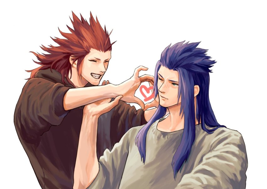 2boys axel_(kingdom_hearts) black_hoodie blue_hair closed_mouth commentary couple facial_mark green_eyes grin hair_behind_ear hair_intakes hair_slicked_back hand_on_another&#039;s_wrist hand_up hands_up heart heart_hands hood hood_down hoodie kingdom_hearts long_hair looking_at_another male_focus mukashino multiple_boys one_eye_closed saix simple_background smile spiked_hair sweater teeth upper_body white_background white_sweater yaoi