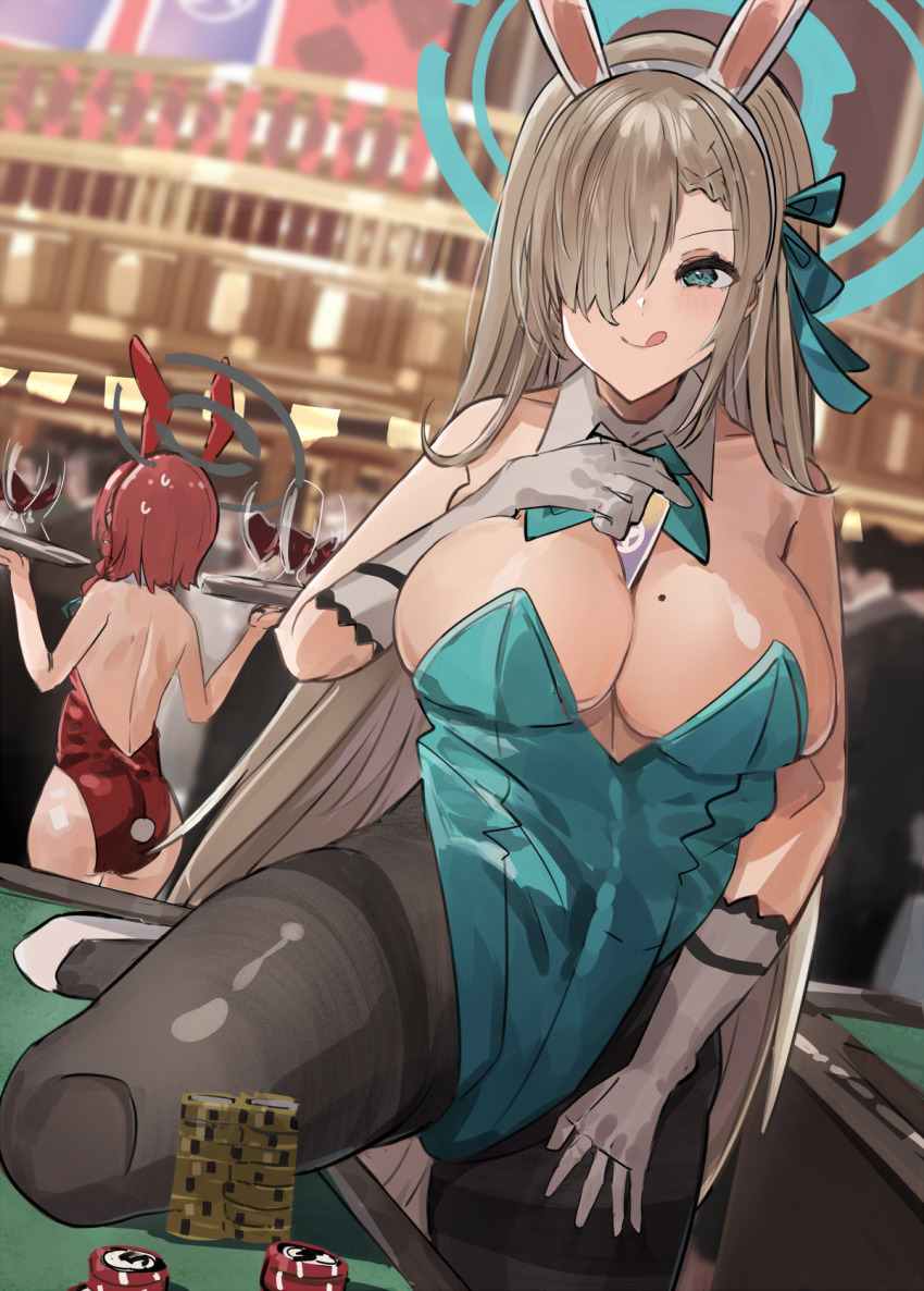 2girls :q animal_ears aqua_leotard aqua_neckwear ass asuna_(blue_archive) asuna_(bunny)_(blue_archive) backless_leotard bad_id bad_pixiv_id bare_shoulders between_breasts blonde_hair blue_archive blurry blurry_background bow bowtie breasts card casino casino_card_table cleavage covered_navel cup detached_collar drinking_glass fake_animal_ears gloves green_eyes groin hair_over_one_eye hair_over_shoulder halo hand_on_own_thigh hands_up headband highleg highleg_leotard highres holding holding_tray large_breasts leg_up leotard long_hair looking_at_viewer mole mole_on_breast multiple_girls neru_(blue_archive) neru_(bunny)_(blue_archive) official_alternate_costume pantyhose playboy_bunny rabbit_tail red_headband red_leotard sidelocks strapless strapless_leotard sweat table tail the_olphy thick_thighs thighs tongue tongue_out tray very_long_hair white_footwear white_gloves white_headband wine_glass