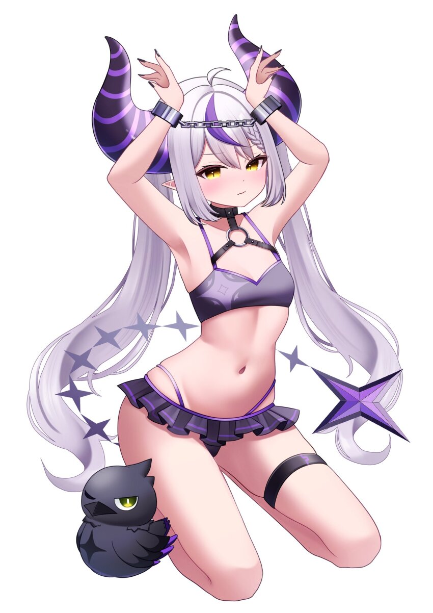 1girl ahoge alternate_costume arms_up bikini bikini_skirt bird black_bikini black_nails blush commentary create8 crow_(la+_darknesss) cuffs demon_girl flat_chest full_body green_eyes grey_hair harness highleg highleg_bikini highres hololive horns huge_horns kneeling la+_darknesss long_hair looking_at_viewer multicolored_hair nail_polish navel o-ring o-ring_harness one_eye_closed pointy_ears purple_hair shackles simple_background skindentation solo streaked_hair striped_horns swimsuit symbol-only_commentary tail thigh_strap twintails very_long_hair virtual_youtuber white_background yellow_eyes