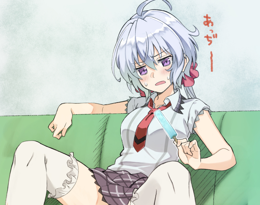 1girl ahoge collared_shirt food frilled_thighhighs frills grey_background grey_skirt hair_between_eyes hair_ornament holding long_hair miniskirt necktie open_mouth plaid_clothes plaid_skirt popsicle purple_eyes red_necktie senki_zesshou_symphogear shirt short_sleeves silver_hair sitting skirt solo sweatdrop thighhighs ueyasu white_shirt white_thighhighs wing_collar yukine_chris zettai_ryouiki