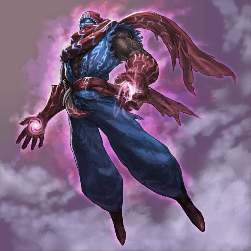 1boy dark_skin dark-skinned_male gloves glowing glowing_eyes highres league_of_legends loped male_focus malzahar muscular scarf solo