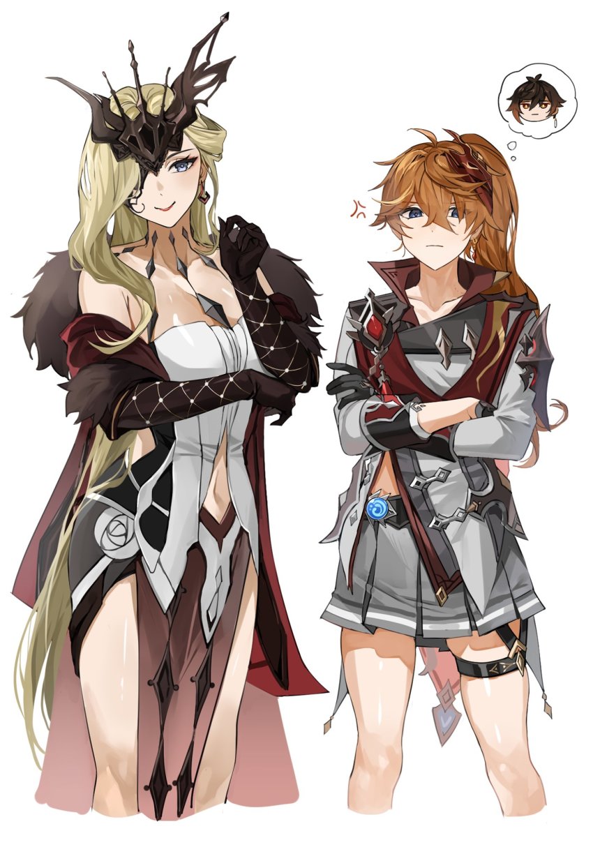 1boy 2girls ahoge anger_vein bare_shoulders black_gloves black_mask blonde_hair blue_eyes breasts cleavage crossed_arms dress earrings elbow_gloves fur_trim genderswap genderswap_(mtf) genshin_impact gloves grey_jacket grey_pants gyoju_(only_arme_nim) hair_between_eyes highres jacket jewelry lace-trimmed_eyepatch large_breasts long_hair long_sleeves looking_at_viewer mask mask_on_head multiple_girls one_eye_covered orange_hair pants red_mask short_hair signora_(genshin_impact) simple_background single_earring smile speech_bubble tartaglia_(genshin_impact) thought_bubble vision_(genshin_impact) white_background zhongli_(genshin_impact)