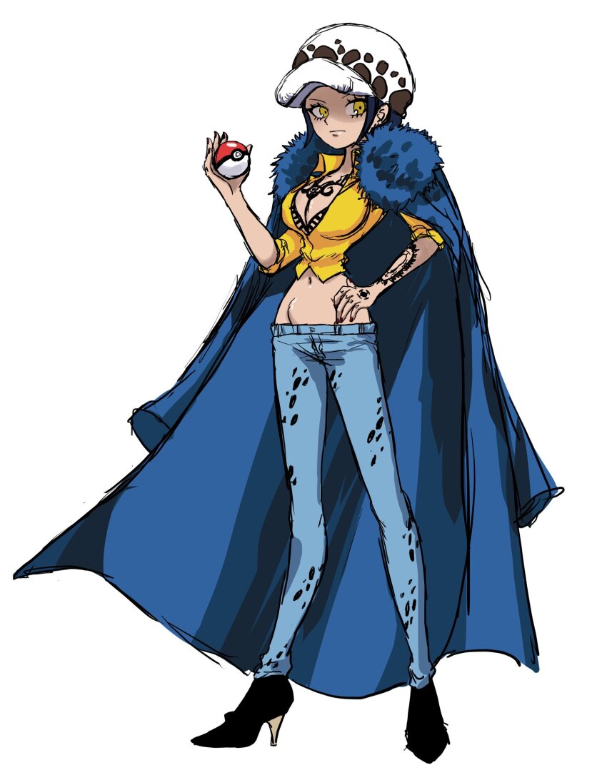 1girl arm_tattoo artist_name breast_tattoo breasts cape cleavage creatures_(company) curvy denim expressionless female_focus finger_tattoo full_body fur_cape fur_hat game_freak genderswap genderswap_(mtf) hand_on_own_hip hand_tattoo hat highres holding holding_poke_ball jeans jewelry large_breasts looking_at_viewer lowleg lowleg_pants namnam_op nintendo one_piece pants poke_ball poke_ball_(basic) pokemon short_hair sword tank_top tattoo teeth thick_thighs thighs trafalgar_law trafalgar_law_(female) weapon wide_hips yellow_eyes yellow_tank_top