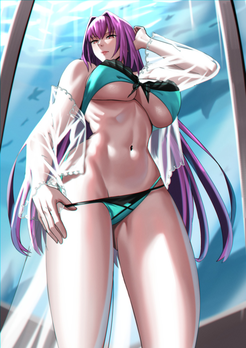 1girl aquarium bare_shoulders bikini black_bikini breasts cleavage fate/grand_order fate_(series) green_bikini hair_between_eyes highres large_breasts long_hair long_sleeves looking_at_viewer navel off_shoulder open_clothes open_shirt purple_hair red_eyes scathach_(fate) scathach_skadi_(fate) scathach_skadi_(swimsuit_ruler)_(fate) scathach_skadi_(swimsuit_ruler)_(final_ascension)_(fate) see-through solo swimsuit thighs two-tone_bikini zinfian