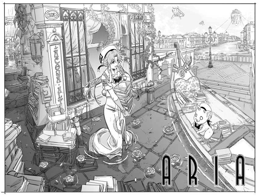 1girl absurdres aircraft airship aria_(manga) aria_company_uniform aria_pokoteng atelier_gokujou barefoot beret book bow bowtie building cat commentary copyright_name dress english_commentary eyelashes floating_island flood flower full_body gondola greyscale hair_tubes hat hat_ribbon highres holding logo long_dress making-of_available mizunashi_akari monochrome open_mouth outdoors parted_bangs plant ribbon sailor_collar short_hair_with_long_locks short_sleeves side_slit toes venice vines wading water