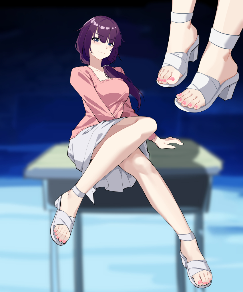 1girl absurdres blue_eyes blush feet highres long_hair looking_at_viewer monogatari_(series) nail_polish nanase_young purple_hair sandals senjougahara_hitagi toenail_polish toenails toes