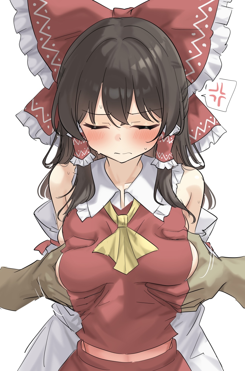 1girl absurdres anger_vein ascot black_hair bow breasts closed_eyes closed_mouth detached_sleeves frilled_bow frilled_hair_tubes frills grabbing_another&#039;s_breast groping hair_bow hair_tubes hakurei_reimu highres long_hair medium_breasts red_bow red_shirt shirt simple_background spoken_anger_vein touhou white_background white_sleeves yellow_ascot youmu-kun