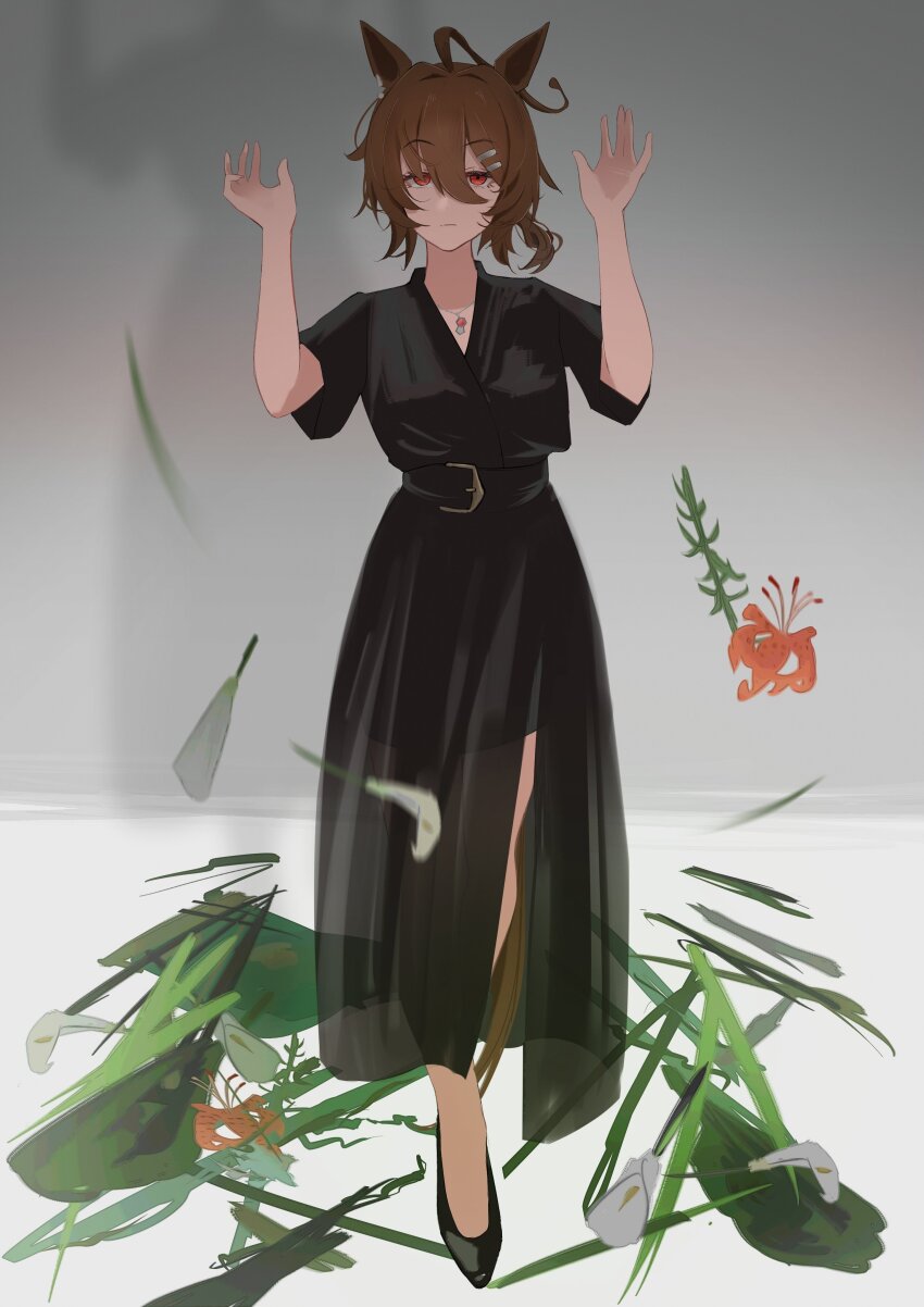 1girl \||/ absurdres agnes_tachyon_(umamusume) ahoge belt black_belt black_dress black_footwear brown_hair calla_lily closed_mouth dress earrings falling_flower flower frown hair_between_eyes hair_ornament hairclip hands_up high_heels highres huge_ahoge jewelry lily_(flower) long_dress looking_up necklace orange_flower ponytail red_eyes see-through_clothes see-through_dress sei_(bigaa) short_hair short_sleeves single_earring skull_necklace solo standing tiger_lily umamusume white_flower